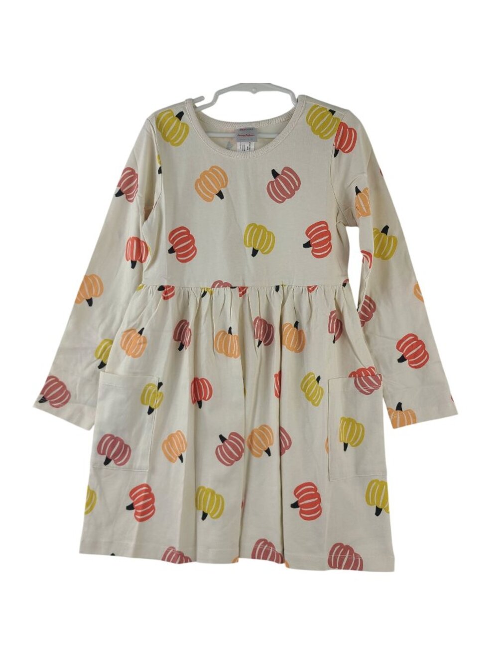 Hanna Andersson Girls Halloween Pumpkin Pocket Dress Sz 6-7 Beige & Multicolor